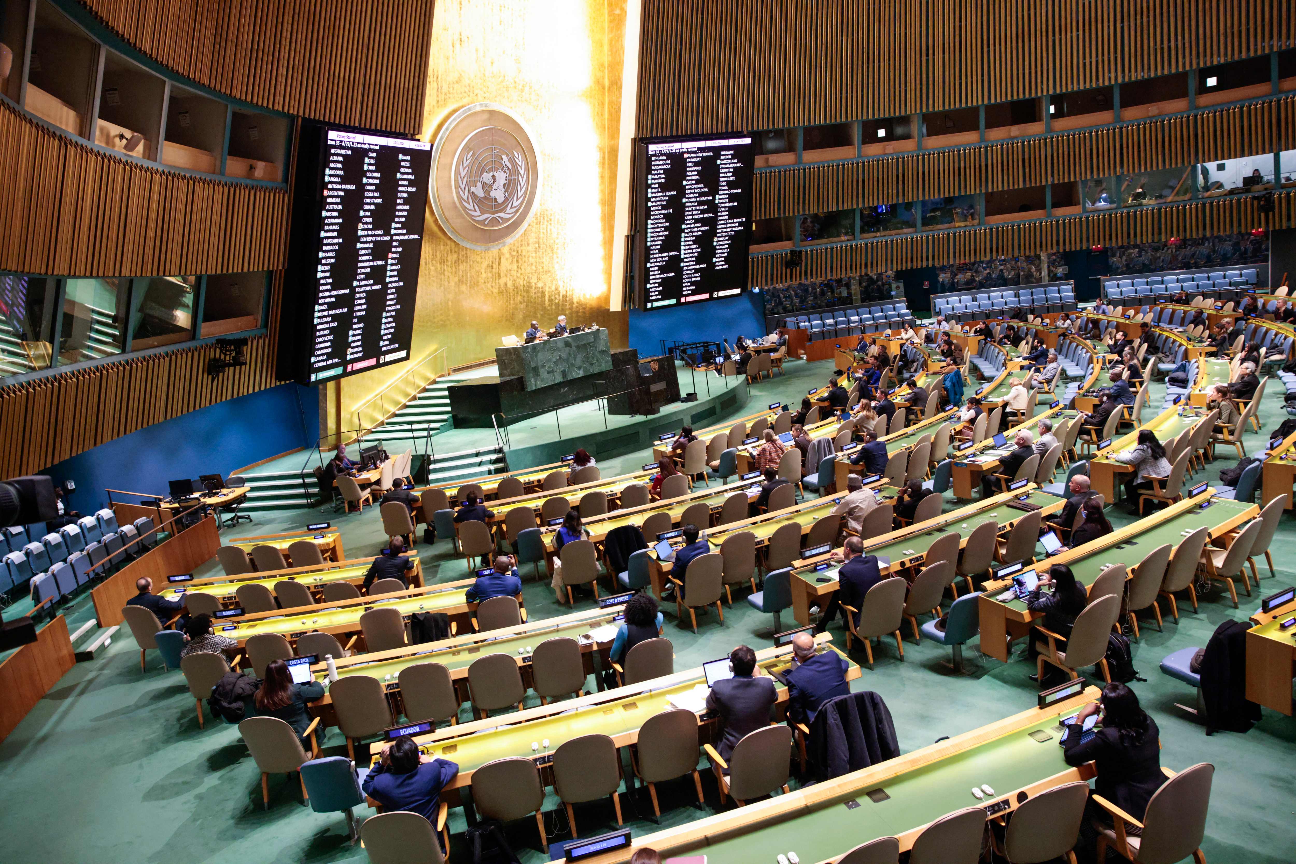 The United Nations General Assembly calls for the establishment of a Palestinian state